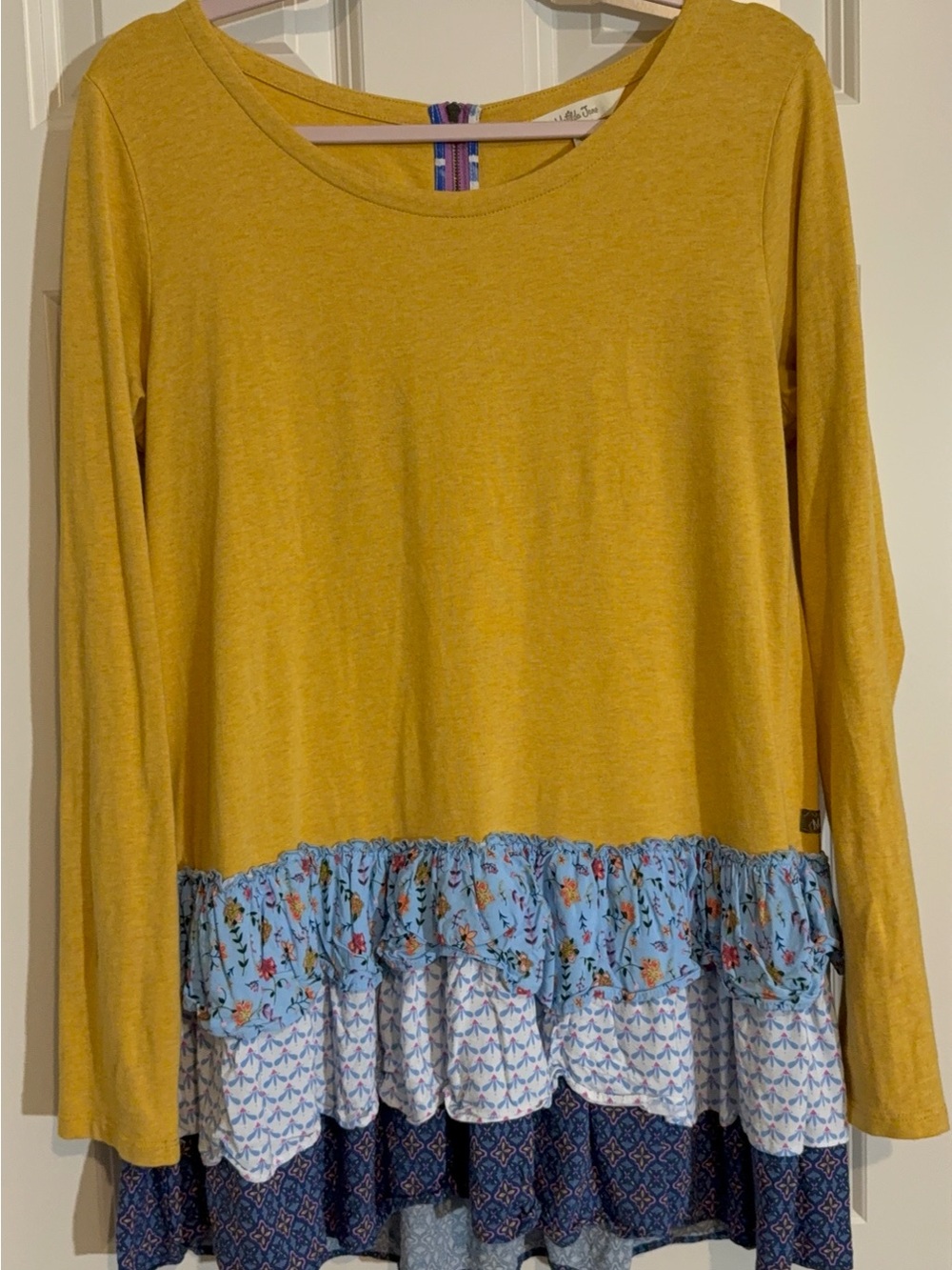 Matilda Jane Mustard Yellow Long-Sleeve Ruffle Hem Top with Blue Print